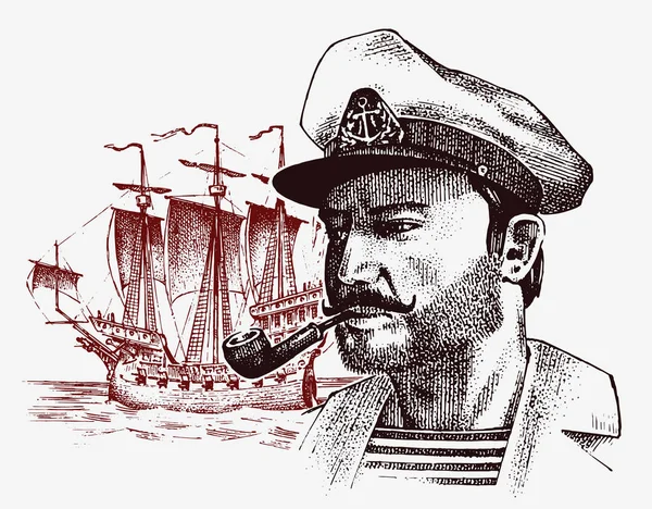 Sea captain against the background of sailboat, marine sailor with pipe, bluejacket. portrait of the seaman. travel by ship or boat. engraved hand drawn, vintage sketch for tattoo or print on t-shirt. — Stock Vector