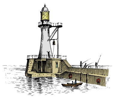 Deniz feneri ve deniz. Deniz kroki, deniz yolculuğu ve deniz manzarası. Okyanusta aydınlatma. oyulmuş vintage, elle Atlantik deprem dalgası çizilmiş. Gezinti gemiler ve yatlar için.