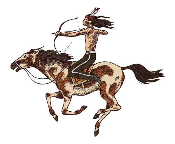 National American Indian koniu z włócznią w ręku. tradycyjne człowieka. grawerowane ręcznie rysowane w stary szkic. — Wektor stockowy