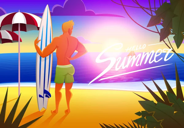 Серфер на океанском пляже на закате с доской для серфинга. векторная иллюстрация, винтажный эффект. спортивный человек по выходным, здоровый образ жизни . — стоковый вектор
