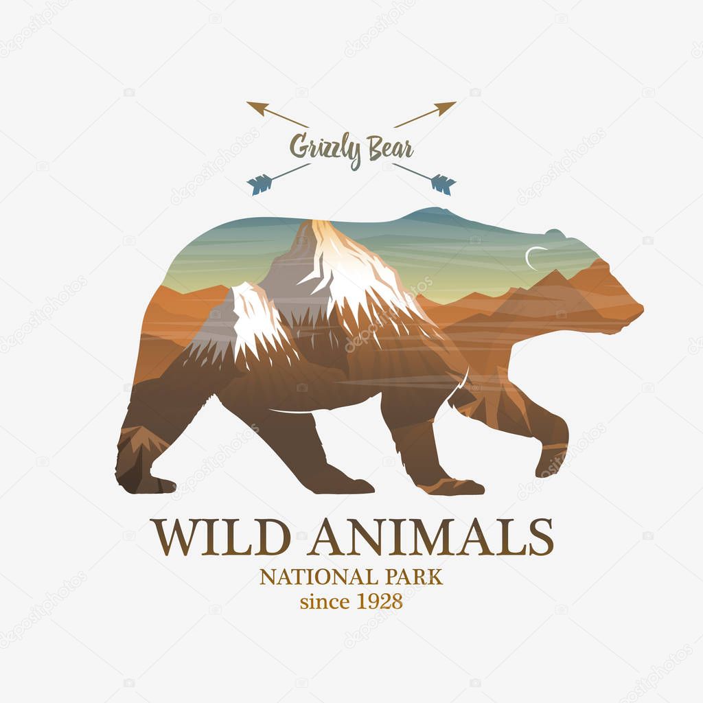 Mountains and bear, silhouette wild animal. Multiple or double exposure. Old label or badge. Journey, travel by nature. Badge or emblem, logo or label for your design