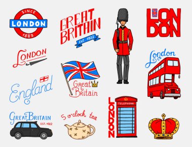 İngiliz Logo, taç ve Kraliçe, demlik çay, otobüs ve Kraliyet Muhafızı, Londra ve baylar. semboller, rozetleri veya pul, amblemler veya mimari tarihi yerler, Amerika Birleşik Devletleri. Ülke İngiltere etiket.