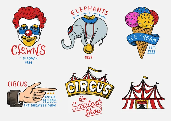 Carnival Circus badge. Banderoll eller affisch med djur. clown och elefant, glass och fokus, magi i tältet. Festival med aktörer. graverade emblem handritad. underhållning, teater och marquee. — Stock vektor