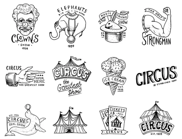 Carnival Circus badge. Harlequin with animals. clown and elephant, ice cream, magic focus in the tent. funnyman funster or freak. festival with actors. engraved emblem hand drawn. theater and marquee. — Stock Vector