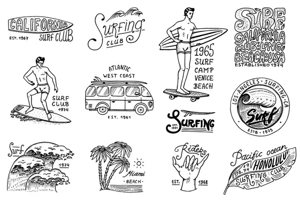 サーフ バッジと波とヤシの木と海。熱帯地域とカリフォルニア.ビーチと海にサーフボード、夏男。刻まれた紋章手描き。横断幕やポスター。ハワイでスポーツ. — ストックベクタ