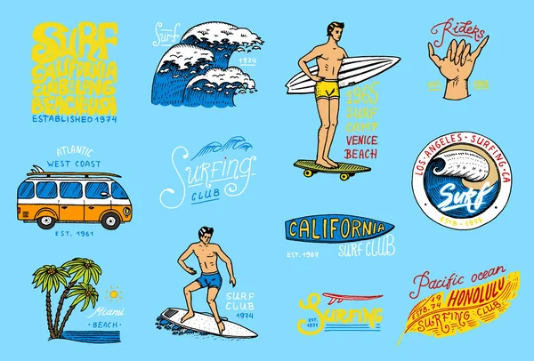 Distintivo de surf e onda, palmeira e oceano. trópicos e califórnia. homem na prancha, verão na praia e no mar. gravada mão emblema desenhado. Banner ou cartaz. Esportes em Hawaii . —  Vetores de Stock