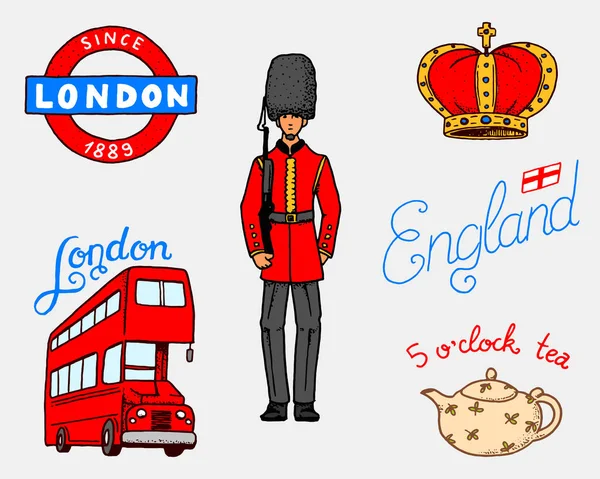 British Logo, Crown and Queen, teapot with tea, bus and royal guard, London and the gentlemen. symbols, badges or stamps, emblems or architectural landmarks, United Kingdom. Country England label. — Stock Vector