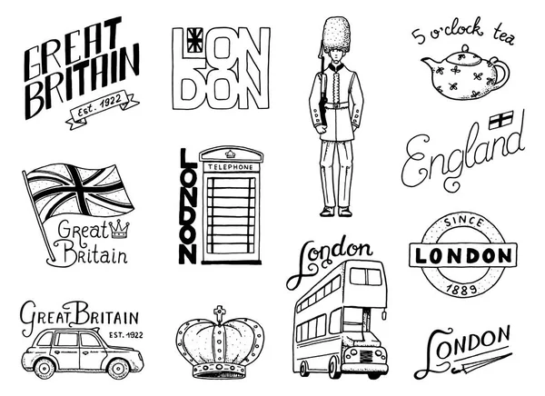 Logo britannico, corona e regina, teiera con tè, autobus e guardia reale, Londra e i signori. simboli, distintivi o timbri, emblemi o punti di riferimento architettonici, Regno Unito. Paese Etichetta Inghilterra . — Vettoriale Stock