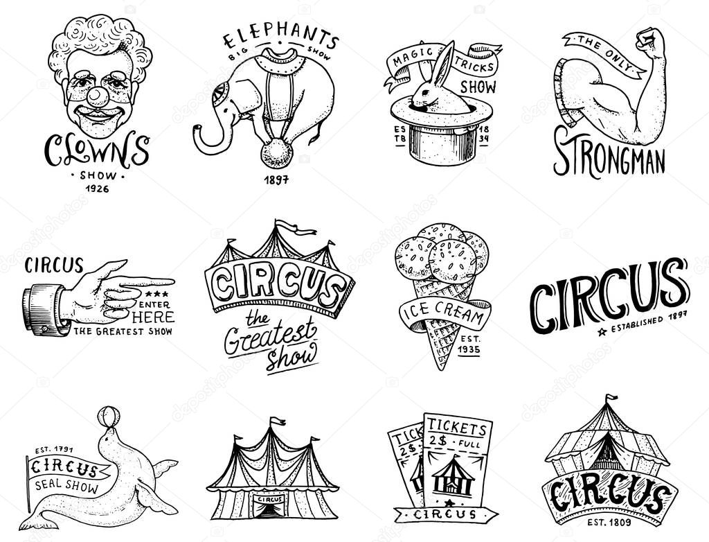 Carnival Circus badge. Harlequin with animals. clown and elephant, ice cream, magic focus in the tent. funnyman funster or freak. festival with actors. engraved emblem hand drawn. theater and marquee.