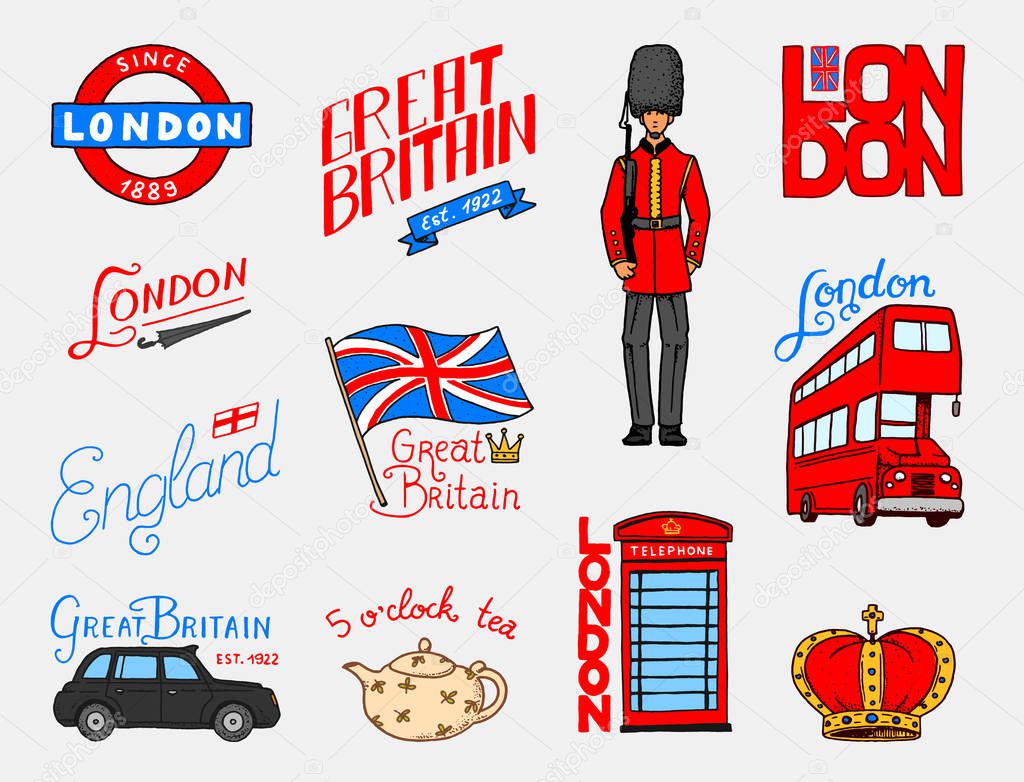 British Logo, Crown and Queen, teapot with tea, bus and royal guard, London and the gentlemen. symbols, badges or stamps, emblems or architectural landmarks, United Kingdom. Country England label.