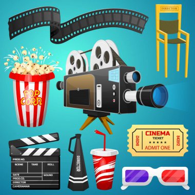 Film öğelerini ayarlayın. Vintage sinema, eğlence ve Rekreasyon patlamış mısır ile. Retro afiş arka plan. Klaket ve kamera, film yapımı ve video kaset, sandalye, film malzemelerinin parasını Hollywood stüdyosu.
