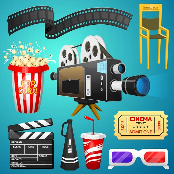 Movie elements set. Vintage cinema, entertainment and recreation with popcorn. Retro poster background. Clapperboard and camera, Filmmaking and video cassette, chair, film stock for Hollywood studio. — Stock Vector