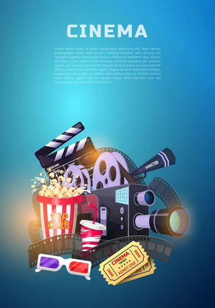 Film elementer sæt. Vintage biograf, underholdning og rekreation med popcorn. Retro plakatbaggrund. Clapperboard og kamera, Filmfremstilling og videokassette, stol, filmmateriale til Hollywood Studio . – Stock-vektor