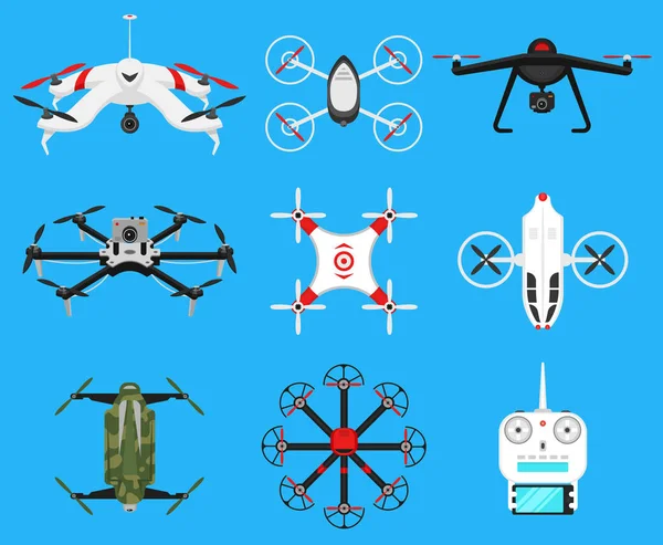 Ensemble de drones d'air modernes, quadrocopters et télécommande. Science et technologies modernes. Illustration vectorielle. Robot radio ou avion avec une caméra en l'air. Systèmes et développements innovants . — Image vectorielle