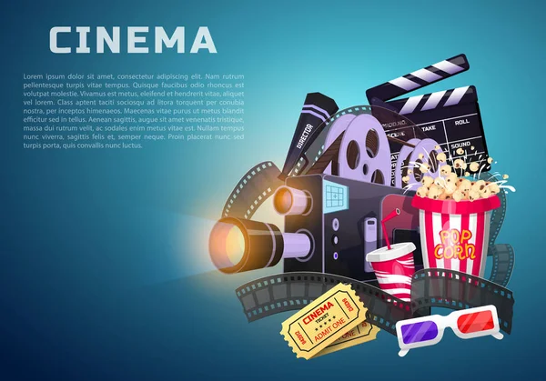 Movie elements set. Vintage cinema, entertainment and recreation with popcorn. Retro poster background. Clapperboard and camera, Filmmaking and video cassette, chair, film stock for Hollywood studio. — Stock Vector