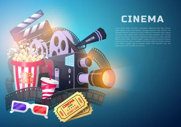 Movie elements set. Vintage cinema, entertainment and recreation with popcorn. Retro poster background. Clapperboard and camera, Filmmaking and video cassette, chair, film stock for Hollywood studio. — Stock Vector