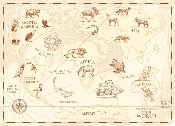 野生動物と山とビンテージの世界地図。海で海の生き物。古いレトロな羊皮紙。地球概念上の野生動物。背景や子供のためのポスター。刻まれた手描き、本土と島. — ストックベクタ