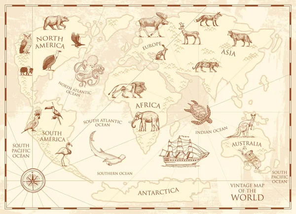 Mapa del mundo vintage con animales salvajes y montañas. Criaturas marinas en el océano. Viejo pergamino retro. vida silvestre en la tierra concepto. fondo o cartel para niños. mano grabada dibujada, continente e isla . — Vector de stock