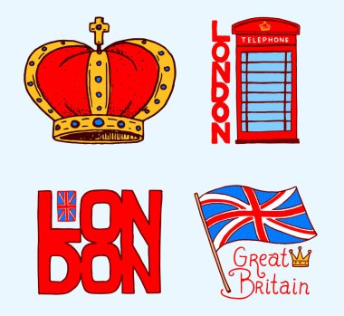 İngiliz, semboller, rozetleri veya pul, amblemler, mimari tarihi yerler, Büyük Britanya bayrağı. Ülke İngiltere etiket. Booth, Londra ve baylar telefon. İşlemeli, el vintage tarzı çekilmiş.