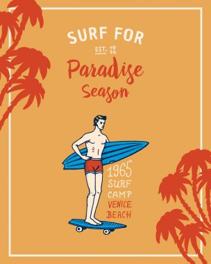 Sörf rozet, dalga ve okyanus. retro Vintage arka plan. Tropik ve california. plaj ve deniz adam sörf, yaz. oyulmuş amblemi elle çizilmiş. Başlık sayfası veya poster. Spor Hawaii.