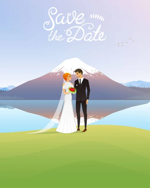 花嫁と新郎と山です。海での結婚式。新婚夫婦、バレンタインデー。ベクトル イラスト カード、愛の概念。ちょうど結婚し、夏の風景です。ポスターまたはバナーの素朴な背景. — ストックベクタ