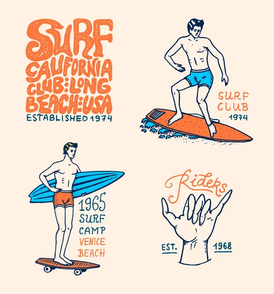 Surf badge, Golf en Oceaan. Vintage retro achtergrond. tropen en Californië. man op de surfplank, zomer op het strand en de zee. gegraveerde embleem hand getrokken. Spandoek of poster. sport in Hawaï. — Stockvector