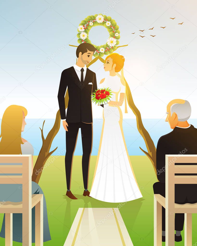Bride And Groom. Wedding ceremony on the beach by the sea. Newlyweds, Valentines Day. vector illustration card, Love concept. Just married, summer landscape. Vintage Poster Banner. Rustic background.