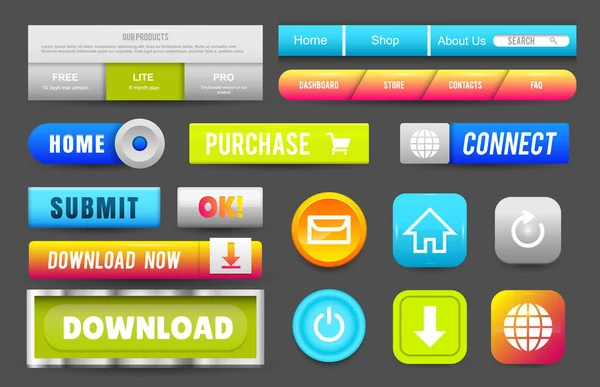 Collection de boutons Web, ensemble d'éléments. Modèles vectoriels, bannières et étiquettes, supports, rubans icônes pour site Web ou application, barres de menu de navigation . — Image vectorielle