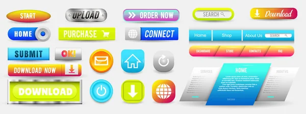 Sammlung von Web-Buttons, eingestellte Elemente. Vektorvorlagen, Banner und Etiketten, Medien, Farbbandsymbole für Website oder App, Navigationsmenüleisten. — Stockvektor