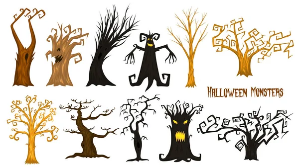 Halloween trees, creepy or scary and frightening branches. fabulous mythical or fantastic monsters. wooden creatures in the forest. — Stock Vector