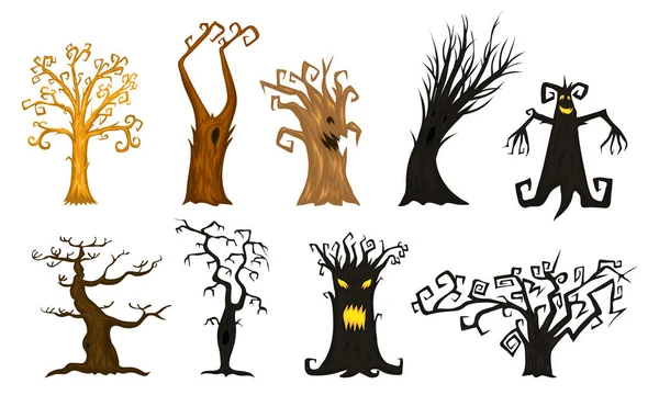 Árvores de Halloween, ramos assustadores ou assustadores e assustadores. fabulosos monstros míticos ou fantásticos. criaturas de madeira na floresta . —  Vetores de Stock