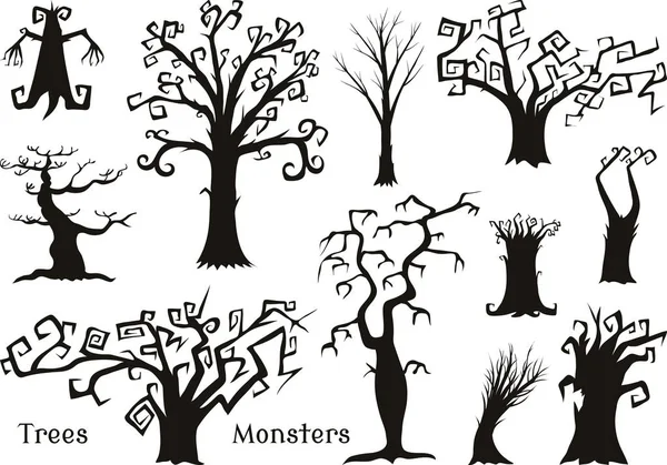 Árvores de Halloween, ramos assustadores ou assustadores e assustadores. fabulosos monstros míticos ou fantásticos. criaturas de madeira na floresta . —  Vetores de Stock