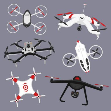 Dizi modern hava uçağı ve Uzaktan kumanda. Bilim ve Modern teknolojileri. Vektör çizim. Radyo robot veya uçak havada bir kamera ile. Yenilikçi sistem ve gelişmeler.