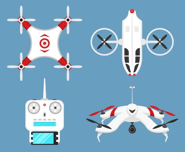 Uppsättning av moderna luft drönare och fjärrkontroll. Vetenskap och Modern teknik. Vektorillustration. Radio robot eller flygplan med en kamera i luften. Innovativa system och utvecklingen. — Stock vektor