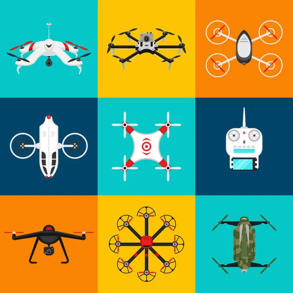 Ensemble de drones d'air modernes et télécommande. Science et technologies modernes. Illustration vectorielle. Robot radio ou avion avec une caméra en l'air. Systèmes et développements innovants . — Image vectorielle