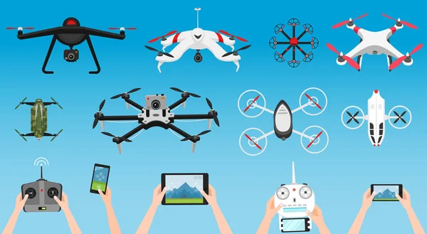 Set moderne lucht drones en afstandsbediening. Wetenschap en moderne technologieën. Vectorillustratie. Radio robot of vliegtuig met een camera in de lucht. Innovatieve systemen en ontwikkelingen. — Stockvector