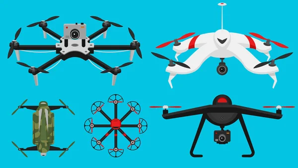 Set moderne lucht drones en afstandsbediening. Wetenschap en moderne technologieën. Vectorillustratie. Radio robot of vliegtuig met een camera in de lucht. Innovatieve systemen en ontwikkelingen. — Stockvector