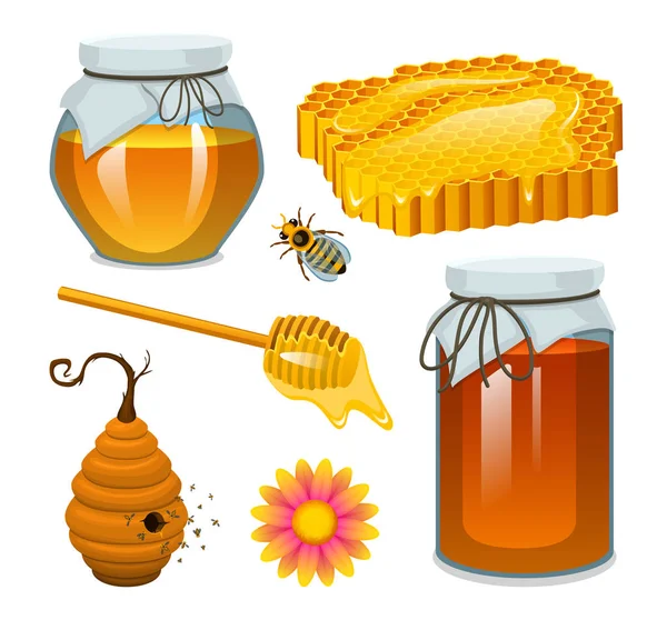 Miel en pot, abeille et ruche, cuillère et nid d'abeille, ruche et ruche. produit agricole naturel. apiculture ou jardin. Santé, bonbons bio, illustration médicale, agriculture . — Image vectorielle