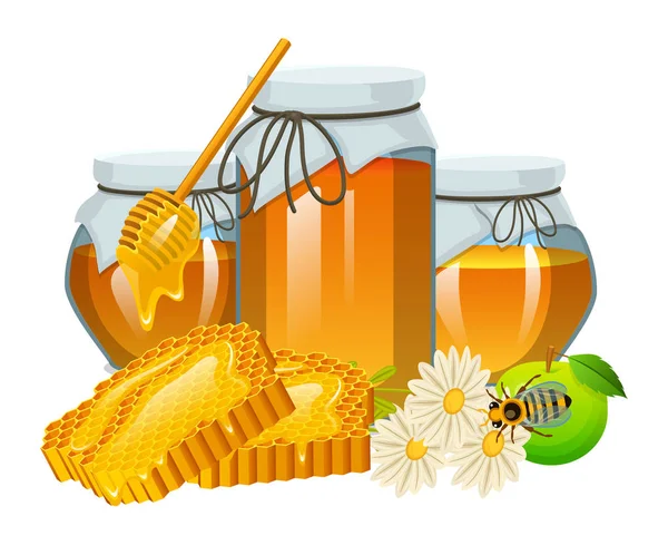 Conjunto de mel, abelha e colmeia, colher e favo de mel, colmeia e apiário. produto agrícola natural. apicultura ou jardim, camomila flor, maçã e jarra. Saúde, doces orgânicos, ilustração de medicina, agricultura . —  Vetores de Stock