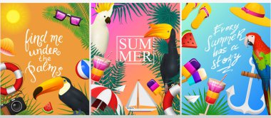 Deniz yaz kartları. Sahilde deniz tatil. Tropikal arka plan, fotoğraf makinesi ve çapa, milkshake, şezlong, Tukan ve papağan. Poster veya arka plan. Retro seyahat. Denizde Vintage tatil.