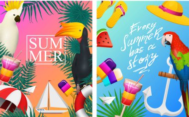 Deniz yaz kartları. Sahilde deniz tatil. Tropikal bitki ve kuş, kamera ve çapa, milkshake, şezlong, Tukan ve papağan. Poster veya arka plan. Retro seyahat. Denizde Vintage tatil.