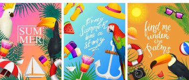 Deniz yaz kartları. Sahilde deniz tatil. Tropikal bitki ve kuş, kamera ve çapa, milkshake, şezlong, Tukan ve papağan. Poster veya arka plan. Retro seyahat. Denizde Vintage tatil.