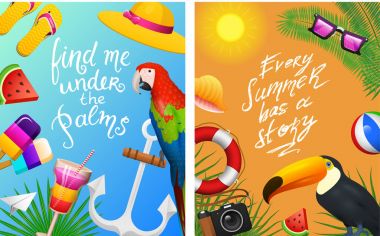 Deniz yaz kartları. Sahilde deniz tatil. Tropikal bitki ve kuş, kamera ve çapa, milkshake, şezlong, Tukan ve papağan. Poster veya arka plan. Retro seyahat. Denizde Vintage tatil.