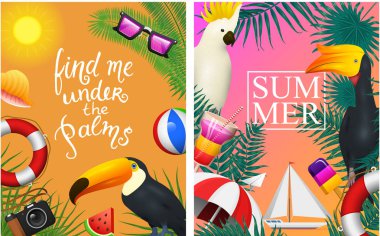 Deniz yaz kartları. Sahilde deniz tatil. Tropikal arka plan, fotoğraf makinesi ve çapa, milkshake, şezlong, Tukan ve papağan. Poster veya arka plan. Retro seyahat. Denizde Vintage tatil.