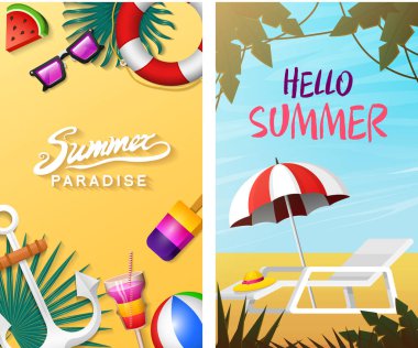 Deniz yaz kartları. Sahilde deniz tatil. Tropikal bitki ve kuş, kamera ve çapa, milkshake, şezlong, Tukan ve papağan. Poster veya arka plan. Retro seyahat. Denizde Vintage tatil.