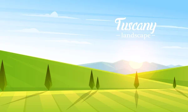 Paisagem rural. Agricultura Agrícola. Ilustração vetorial. Cartaz com prado, Campo, aldeia retro para informações gráficas, sites. Moinho e feno. Fundo da manhã de verão. Toscana e amanhecer . —  Vetores de Stock