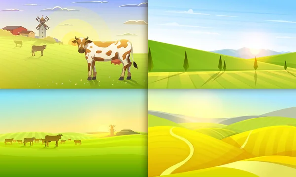 農村の風景です。ファーム農業。ベクトルの図。ポスター情報グラフィック、ウェブサイトの牧草地、田園風景、レトロな村。風車と干し草。夏の朝の背景。トスカーナと夜明け. — ストックベクタ