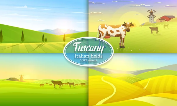 Paysage rural. Agriculture agricole. Illustration vectorielle. Affiche avec prairie, campagne, village rétro pour info graphique, sites web. Moulin à vent et foin. Contexte du matin d'été. Toscane et aube . — Image vectorielle