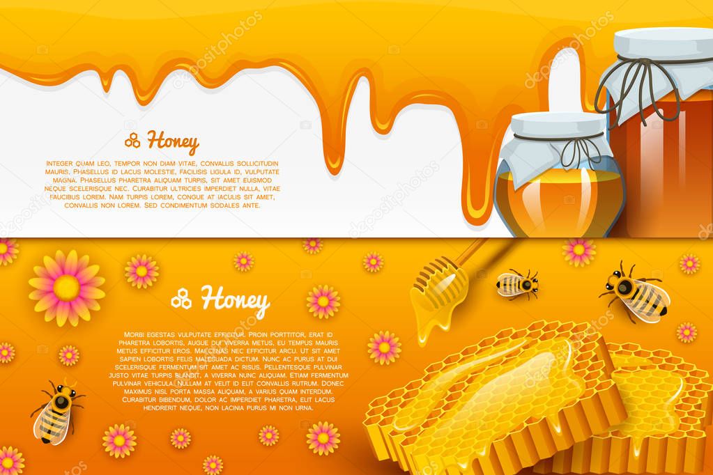 Honey or natural farm product. beekeeping or garden. Health, organic sweets, medicine illustration, agriculture. food in honeycomb cooked by bees. background for text. Card or poster for web site.
