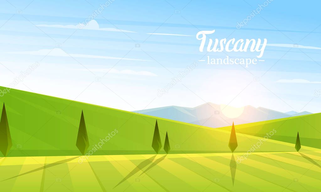 Rural landscape. Farm Agriculture. Vector illustration. Poster with meadow, Countryside, retro village for info graphic, websites. Windmill and hay. Summer morning background. Tuscany and dawn.